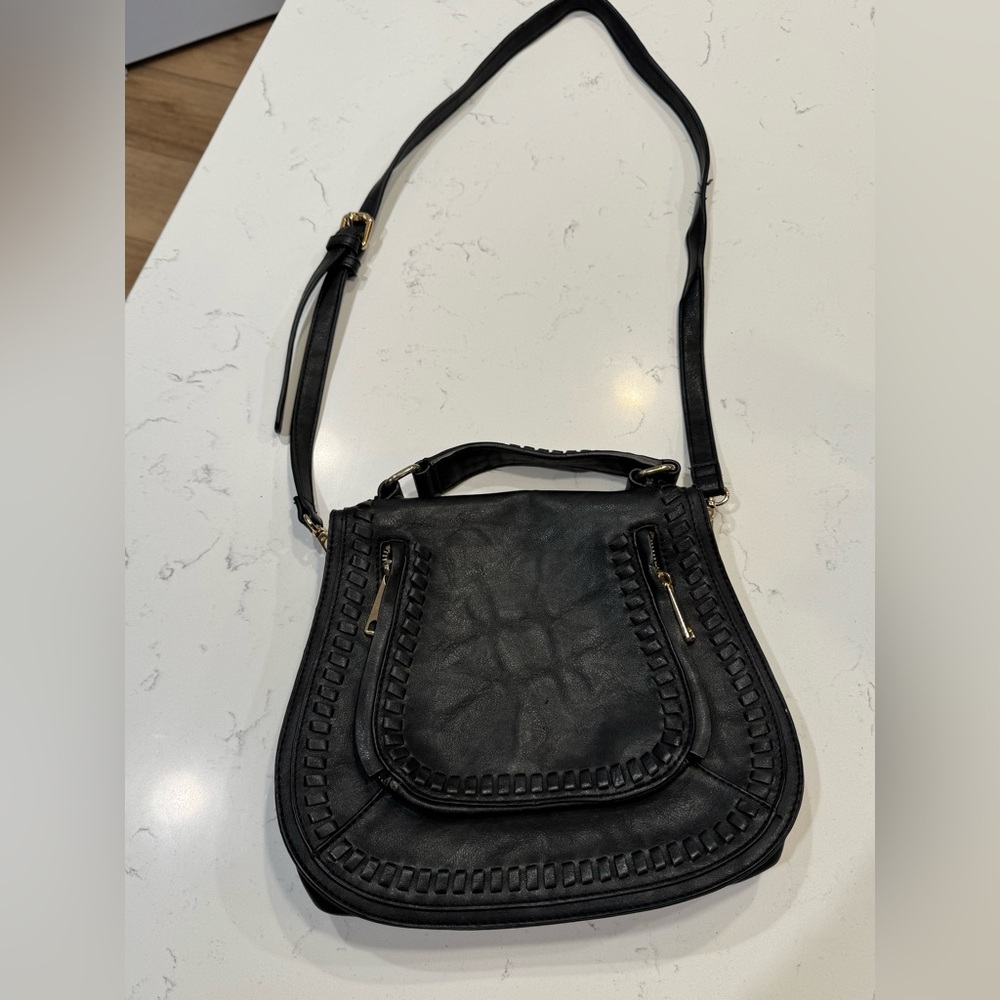 Urban Expressions Black Crossbody Bag with Woven Trim and Gold Hardware